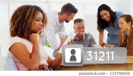 Side view of a black woman checking her tablet with an illustration of follower count box in the low 115746950