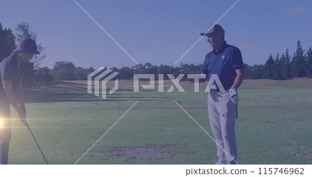 Image of light trails over senior caucasian couple playing golf on golf course 115746962
