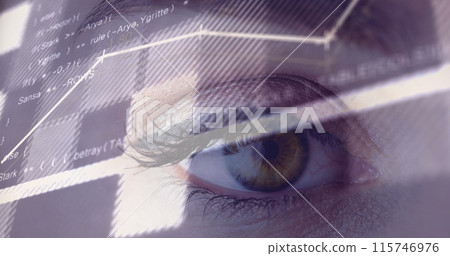 Image of financial data processing over eye of caucasian woman Image of financial data processing over eye of caucasian woman 115746976