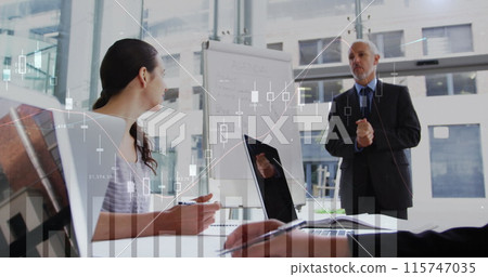 Image of financial data processing over diverse business people 115747035
