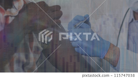 Image of data processing over caucasian male doctor with face mask vaccinating Image of data processing over caucasian male doctor with face mask vaccinating 115747038