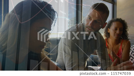 Image of financial data processing over diverse business people Image of financial data processing over diverse business people 115747039