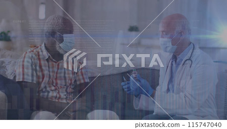 Image of data processing over caucasian male doctor with face mask talking with patient Image of data processing over caucasian male doctor with face mask talking with patient 115747040