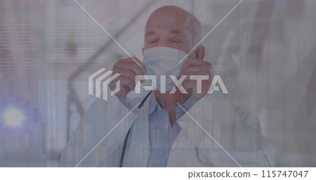 Image of data processing over caucasian male doctor with face mask Image of data processing over caucasian male doctor with face mask 115747047