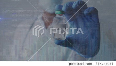 Image of data processing over caucasian male doctor with face mask and cure 115747051
