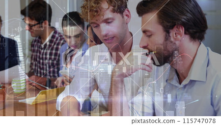 Image of financial data processing over diverse group of business people Image of financial data processing over diverse group of business people 115747078