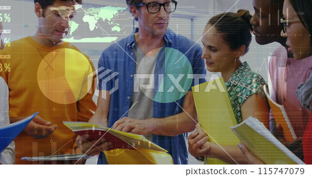 Image of financial data processing over diverse group of business people 115747079