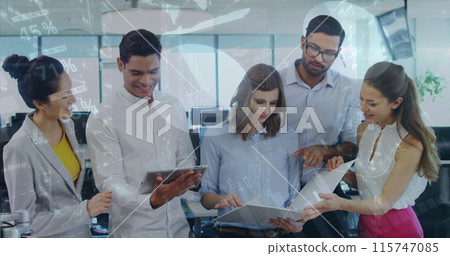 Image of financial data processing over diverse group of business people 115747085
