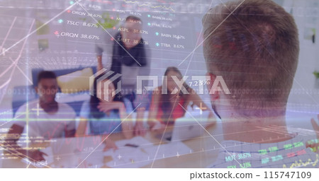 Image of financial data processing over diverse group of business people 115747109