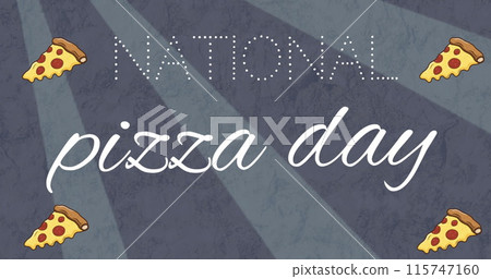 Image of national pizza day text and pizza icons over grey background Image of national pizza day text and pizza icons over grey background 115747160
