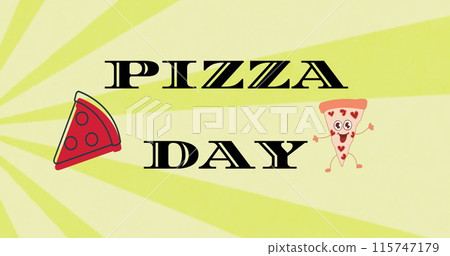 Image of pizza day text and pizza icons over over stripes on yellow background Image of pizza day text and pizza icons over over stripes on yellow background 115747179