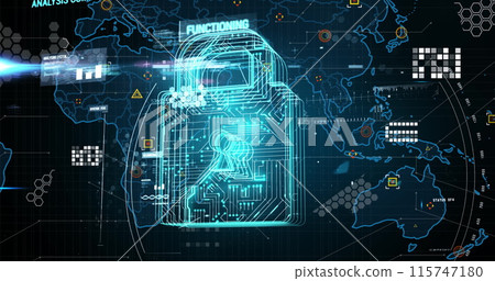 Image of online security padlock, markers and data processing over world map Image of online security padlock, markers and data processing over world map 115747180