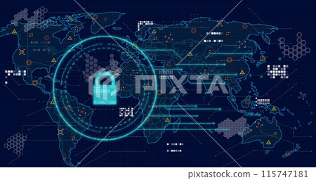 Image of online security padlock, data processing and markers over world map Image of online security padlock, data processing and markers over world map 115747181