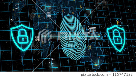 Image of online biometric fingerprint, markers and data processing over world map Image of online biometric fingerprint, markers and data processing over world map 115747182