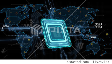 Image of online security padlock, markers and data processing over world map Image of online security padlock, markers and data processing over world map 115747183