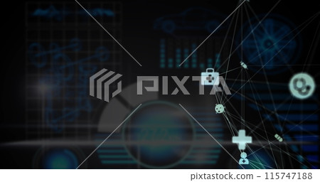 Globe of medical icons over digital interface with data processing against black background 115747188