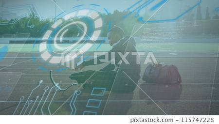 Image of digital interface over african american men with physical disability running Image of digital interface over african american men with physical disability running 115747228