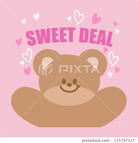 SWEET DEAL letters, teddy bear, heart on pink background for banner template, campaign, standee, wallpaper, backdrop, online shopping, promotion, discount sticker, brochure, Valentine, zoo, cartoon 115747327