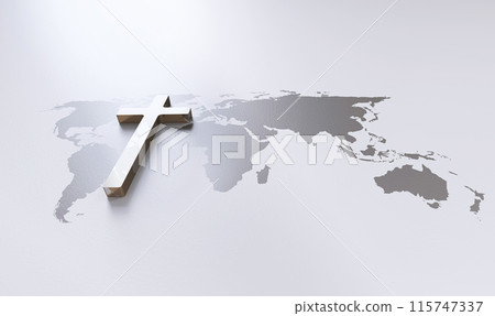 Cross of Jesus Christ and world map background, church mission, gospel and evangelism concept Cross of Jesus Christ and world map background, church mission, gospel and evangelism concept 115747337