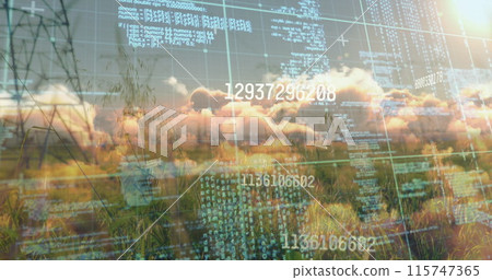 Image of data processing and numbers over electricity poles Image of data processing and numbers over electricity poles 115747365