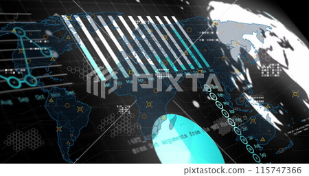Digital image of statistical data processing over world map against black background 115747366