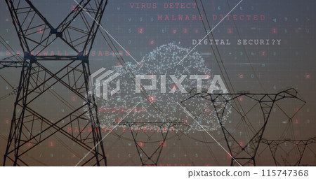 Image of scanning, virus warning and digital cloud over electricity poles Image of scanning, virus warning and digital cloud over electricity poles 115747368