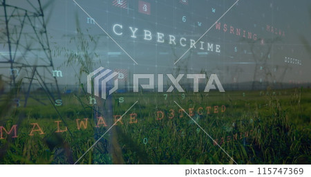 Image of scanning, virus warning and digital padlock over electricity poles Image of scanning, virus warning and digital padlock over electricity poles 115747369