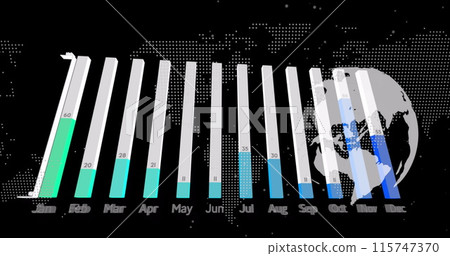Image of data processing over world map and globe on black background Image of data processing over world map and globe on black background 115747370