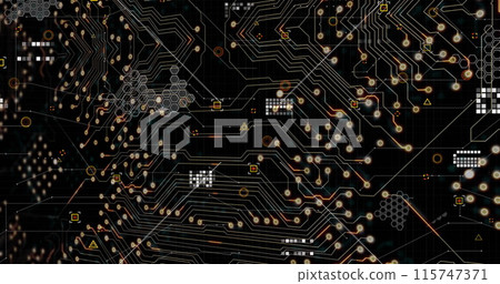 Digital image of data processing over microprocessor connections against black background Digital image of data processing over microprocessor connections against black background 115747371