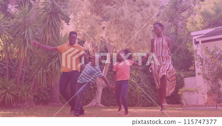 Image of smiling african american family running in garden 115747377