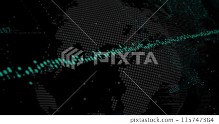 Digital image of data processing and changing numbers over spinning globe on black background 115747384