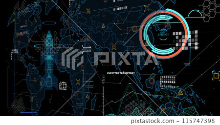 Digital image of interface with data processing over world map against black background Digital image of interface with data processing over world map against black background 115747398