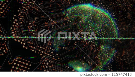 Image of data processing and globe over computer circuit board on black background Image of data processing and globe over computer circuit board on black background 115747413