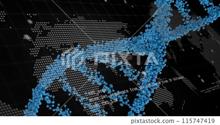 Digital image of dna structure and data processing over world map against black background Digital image of dna structure and data processing over world map against black background 115747419