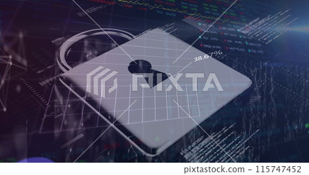 Image of data data, financial graphs and digital padlock on navy background 115747452
