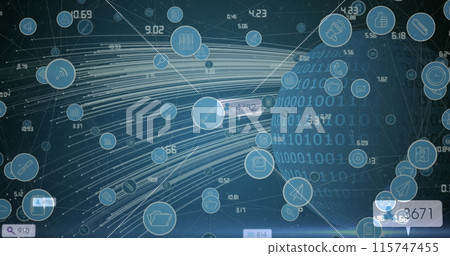 Image of social media reaction and tech icons over globe 115747455