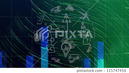 Globe of digital icons spinning and light trails over statistical data processing and world map 115747458