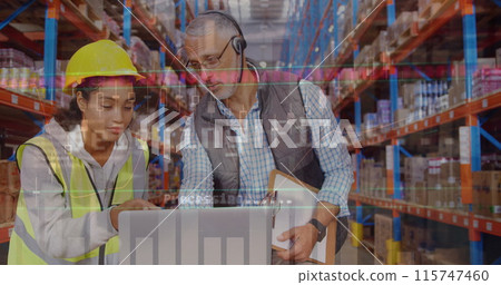 Image of financial data over diverse female and male warehouse workers Image of financial data over diverse female and male warehouse workers 115747460