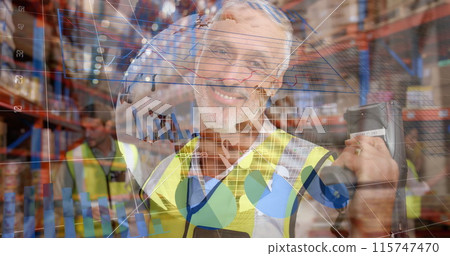 Image of statistical data processing over caucasian male worker checking stock at warehouse Image of statistical data processing over caucasian male worker checking stock at warehouse 115747470
