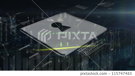 Image of data data, financial graphs and digital padlock on navy background Image of data data, financial graphs and digital padlock on navy background 115747483