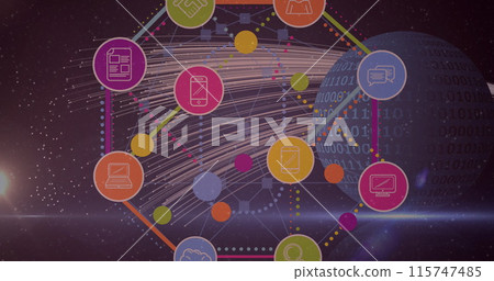 Image of social media reaction and tech icons over globe Image of social media reaction and tech icons over globe 115747485