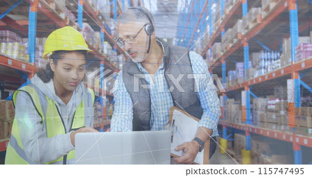 Image of financial data over diverse female and male warehouse workers Image of financial data over diverse female and male warehouse workers 115747495