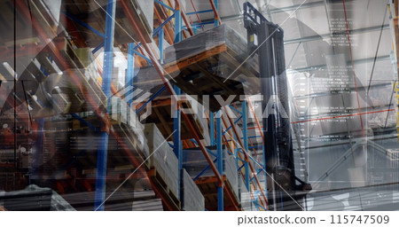 Image of financial data over caucasian male warehouse worker Image of financial data over caucasian male warehouse worker 115747509