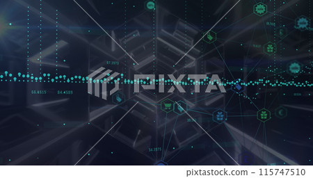 Data processing and network of digital icons over hexagonal tunnel against black background 115747510