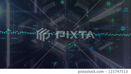 Data processing and network of digital icons over hexagonal tunnel against black background Data processing and network of digital icons over hexagonal tunnel against black background 115747513