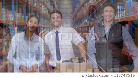 Image of statistical data processing over diverse male and female supervisor smiling 115747519