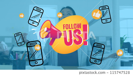 Image of follow us and smartphone over asian woman in office 115747528