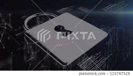 Image of data data, financial graphs and digital padlock on navy background Image of data data, financial graphs and digital padlock on navy background 115747529