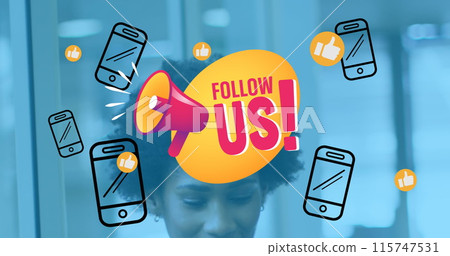 Image of follow us and smartphones over biracial woman in office 115747531