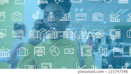 Image of financial icons over african american woman in office having call 115747546